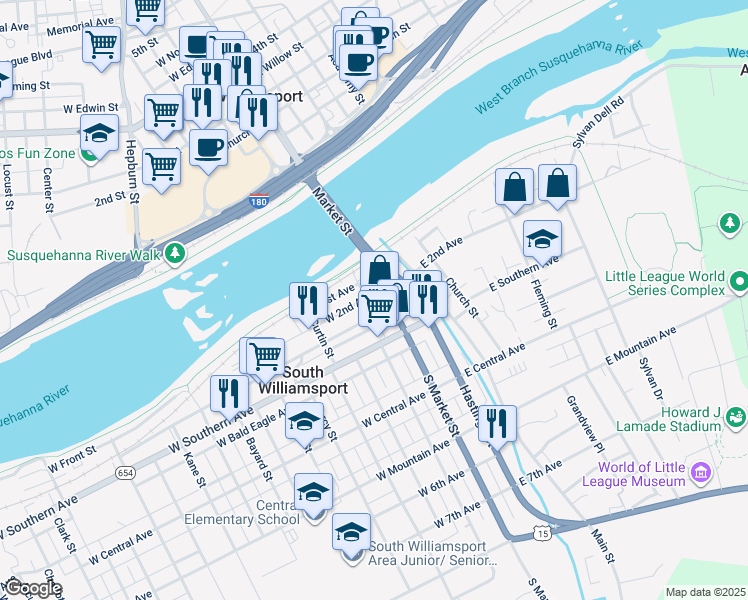 map of restaurants, bars, coffee shops, grocery stores, and more near in South Williamsport