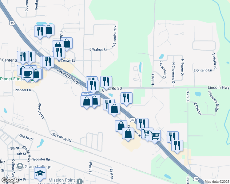 map of restaurants, bars, coffee shops, grocery stores, and more near 1904-1962 East Old Road 30 in Warsaw