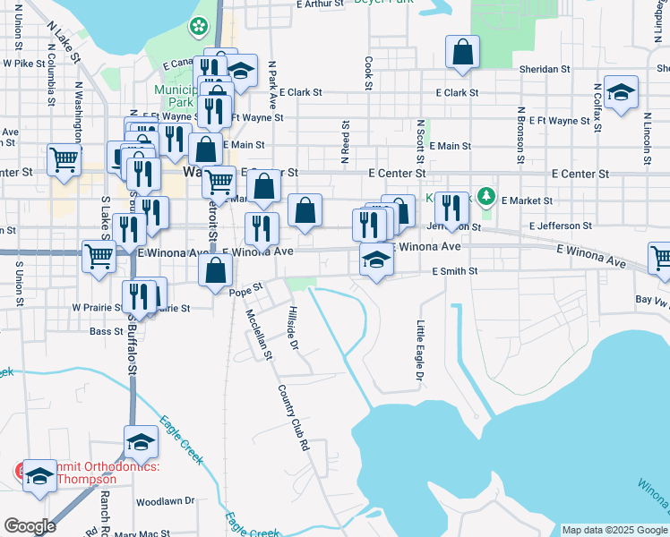 map of restaurants, bars, coffee shops, grocery stores, and more near 400-498 Reed Street in Warsaw