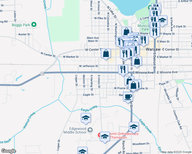 map of restaurants, bars, coffee shops, grocery stores, and more near 519 W Winona Ave in Warsaw