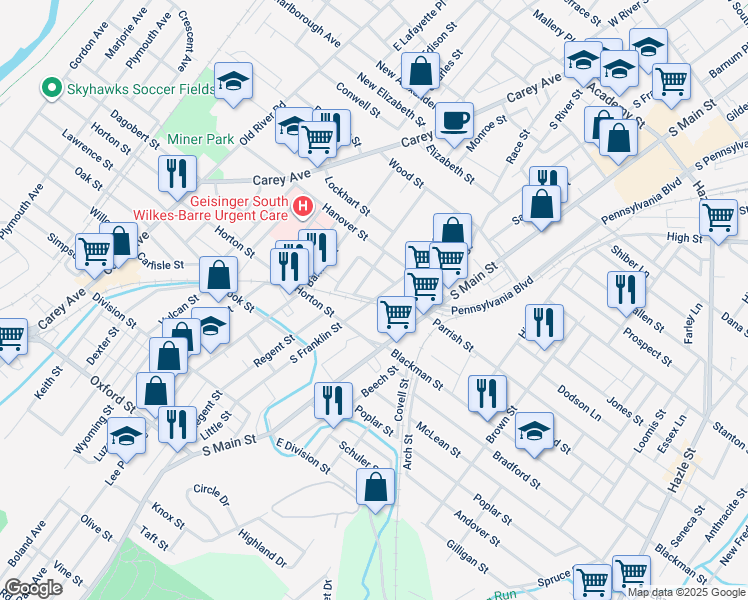 map of restaurants, bars, coffee shops, grocery stores, and more near 739 S Franklin St in Wilkes-Barre