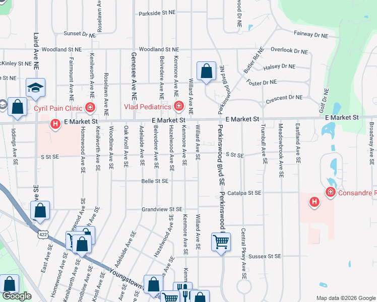 map of restaurants, bars, coffee shops, grocery stores, and more near 241 Kenmore Avenue Southeast in Warren