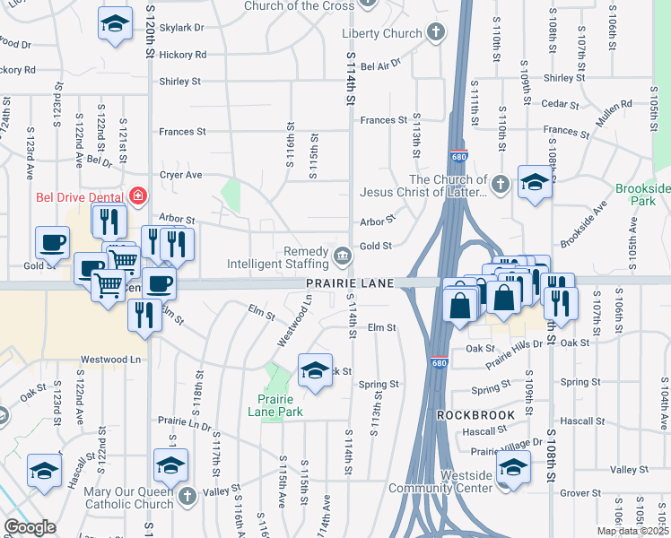 map of restaurants, bars, coffee shops, grocery stores, and more near 11414 West Center Road in Omaha