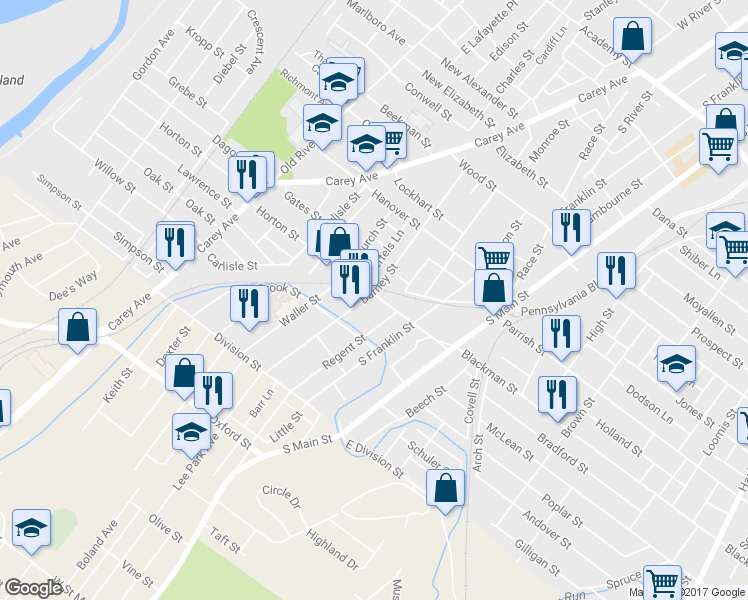 map of restaurants, bars, coffee shops, grocery stores, and more near 23 Regent Street in Wilkes-Barre
