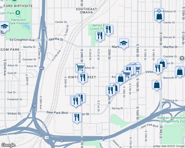 map of restaurants, bars, coffee shops, grocery stores, and more near 2514 South 21st Street in Omaha