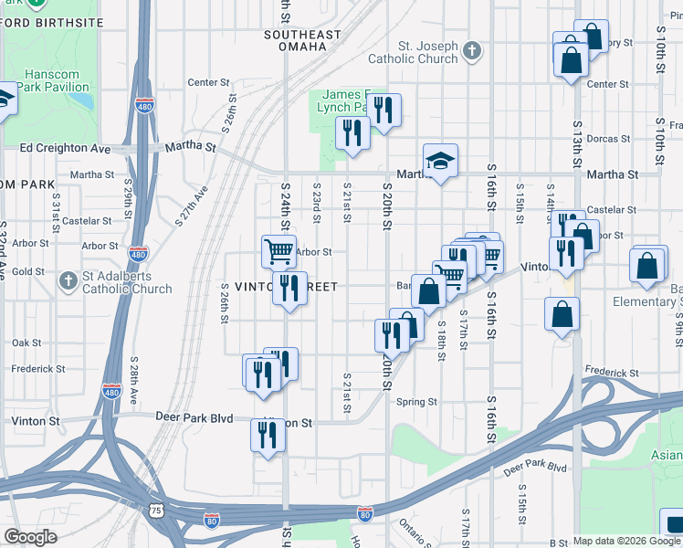 map of restaurants, bars, coffee shops, grocery stores, and more near 2514 South 21st Street in Omaha