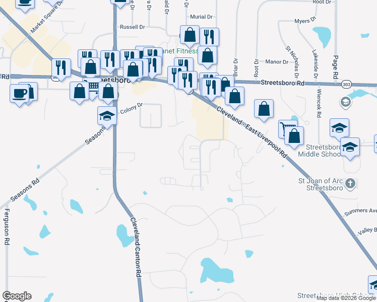map of restaurants, bars, coffee shops, grocery stores, and more near 9001 Portage Pointe Drive in Streetsboro
