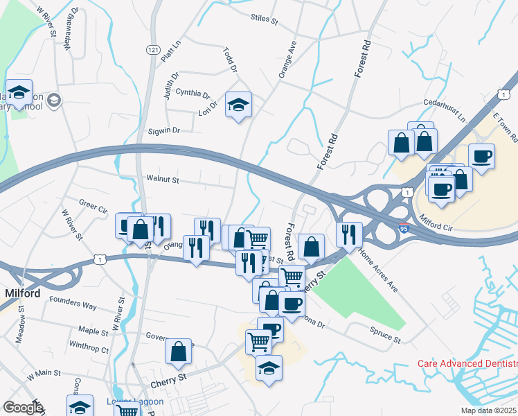 map of restaurants, bars, coffee shops, grocery stores, and more near 54 Robbins Court in Milford