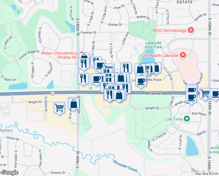 map of restaurants, bars, coffee shops, grocery stores, and more near 17718-17866 West Center Road in Omaha