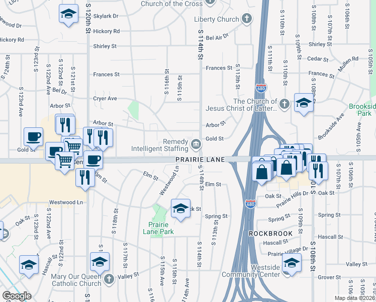 map of restaurants, bars, coffee shops, grocery stores, and more near 11414 West Center Road in Omaha
