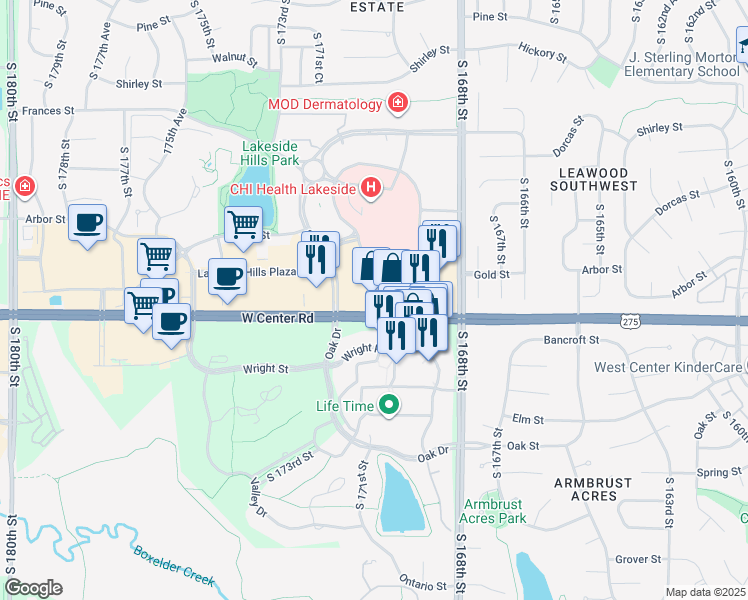 map of restaurants, bars, coffee shops, grocery stores, and more near 16949 Lakeside Hills Court in Omaha