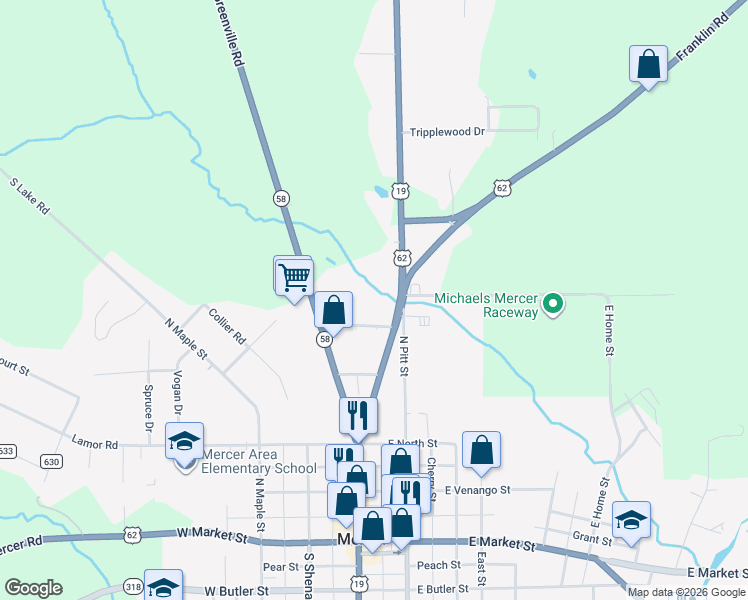 map of restaurants, bars, coffee shops, grocery stores, and more near 17 Coolspring Street in Mercer