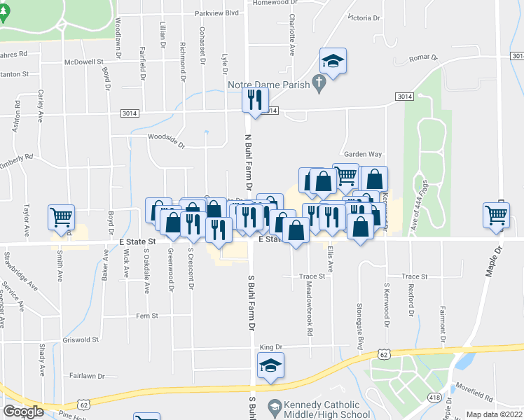 map of restaurants, bars, coffee shops, grocery stores, and more near 100 North Buhl Farm Drive in Hermitage