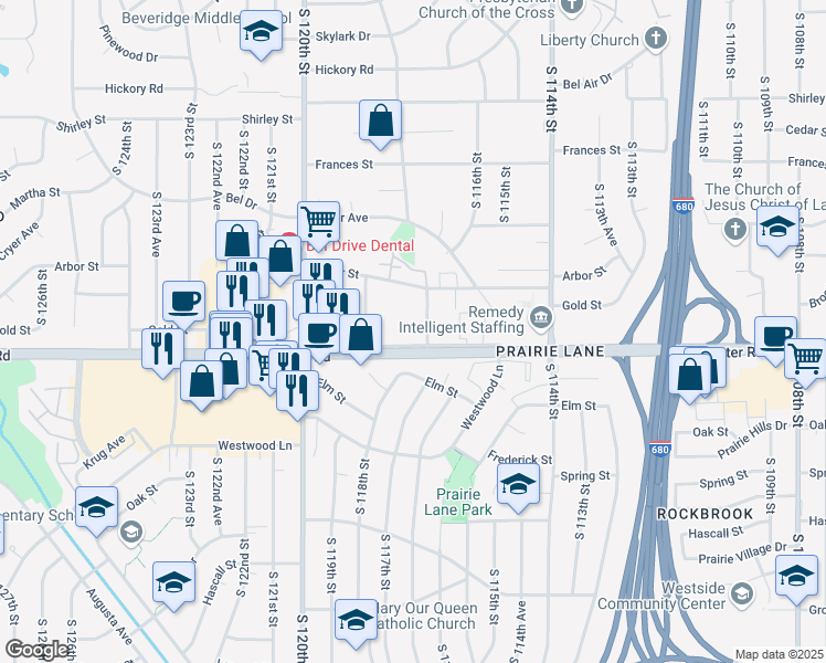 map of restaurants, bars, coffee shops, grocery stores, and more near 11704 West Center Frontage Road North in Omaha
