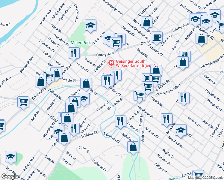 map of restaurants, bars, coffee shops, grocery stores, and more near 156 Barney Street in Wilkes-Barre
