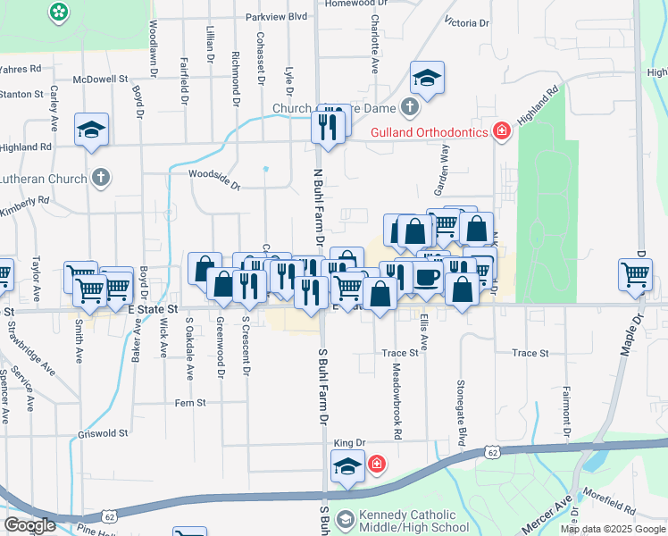 map of restaurants, bars, coffee shops, grocery stores, and more near 100 North Buhl Farm Drive in Hermitage