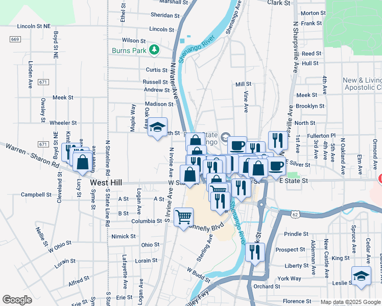 map of restaurants, bars, coffee shops, grocery stores, and more near 153-199 N Main Ave in Sharon