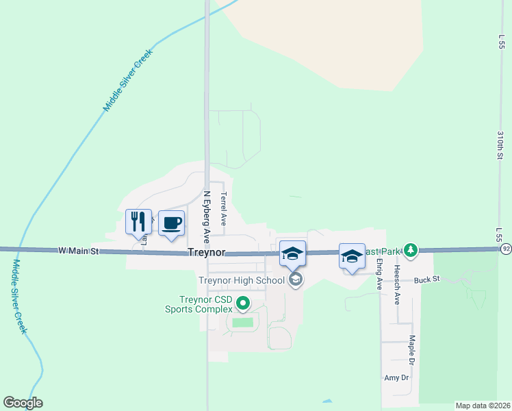 map of restaurants, bars, coffee shops, grocery stores, and more near 115 Terrel Avenue in Treynor