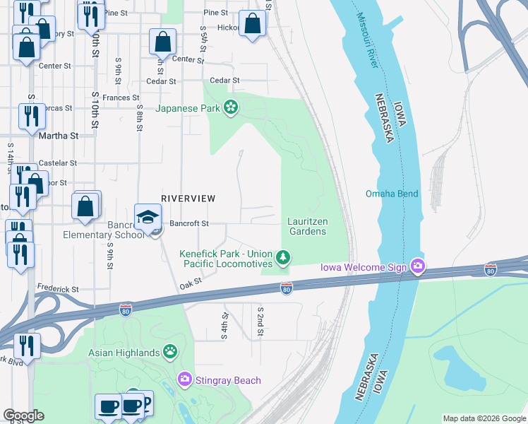 map of restaurants, bars, coffee shops, grocery stores, and more near 156 Bancroft Plaza in Omaha