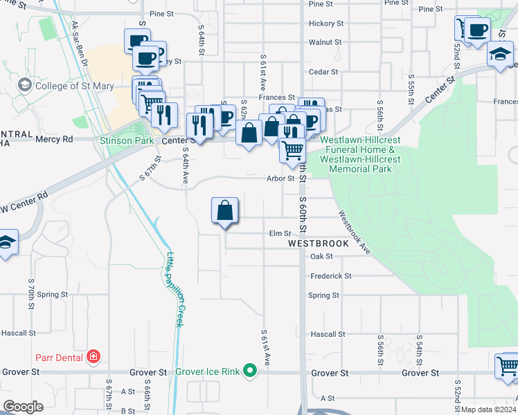 map of restaurants, bars, coffee shops, grocery stores, and more near 2606 South 61st Avenue in Omaha