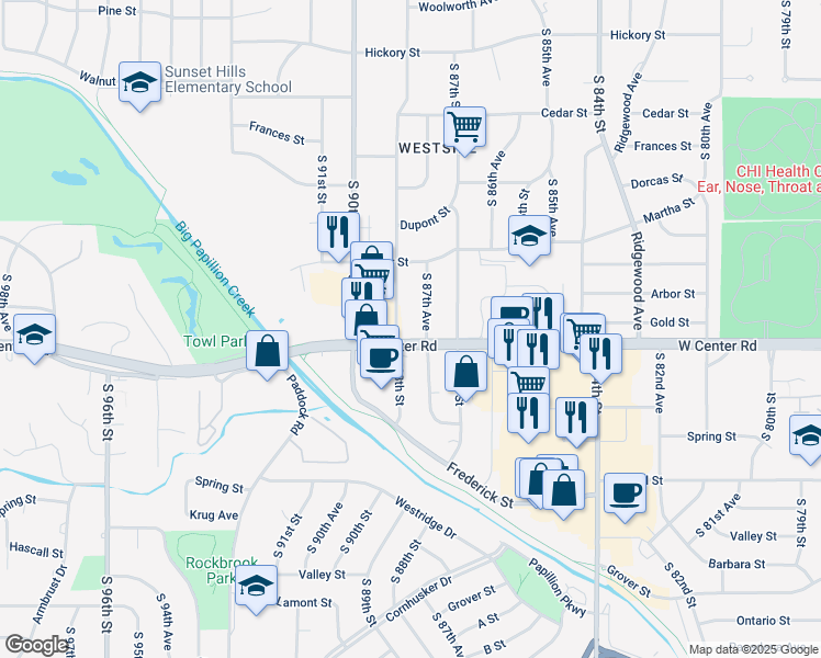 map of restaurants, bars, coffee shops, grocery stores, and more near 2613 South 88th Street in Omaha