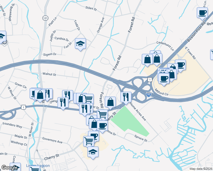 map of restaurants, bars, coffee shops, grocery stores, and more near 88 Forest Road in Milford