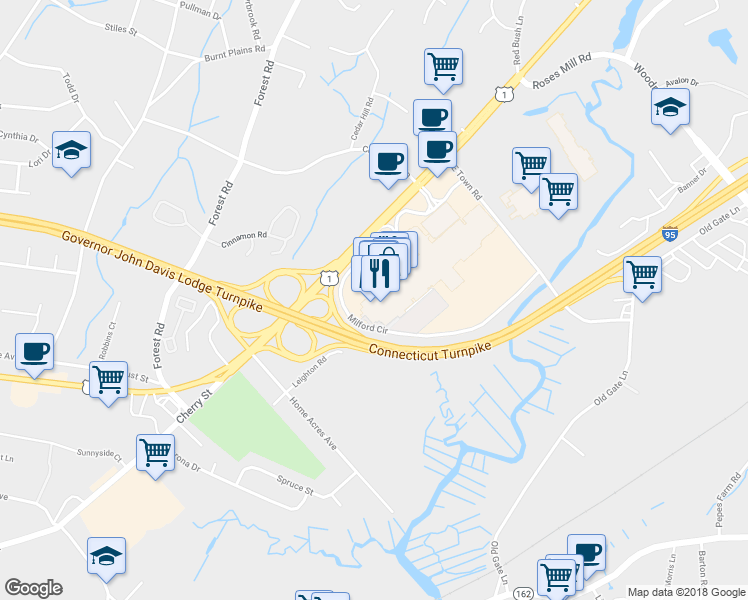map of restaurants, bars, coffee shops, grocery stores, and more near 1191 Boston Post Road in Milford