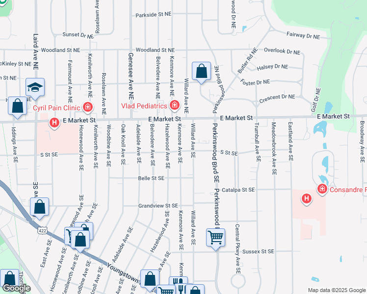 map of restaurants, bars, coffee shops, grocery stores, and more near 231 Kenmore Avenue Southeast in Warren