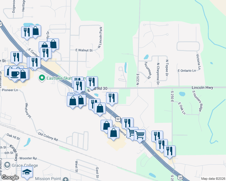 map of restaurants, bars, coffee shops, grocery stores, and more near 486 Clinic Court in Warsaw