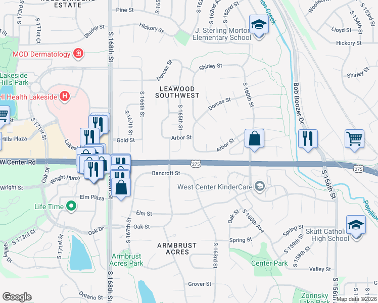 map of restaurants, bars, coffee shops, grocery stores, and more near 16322 Arbor Street in Omaha