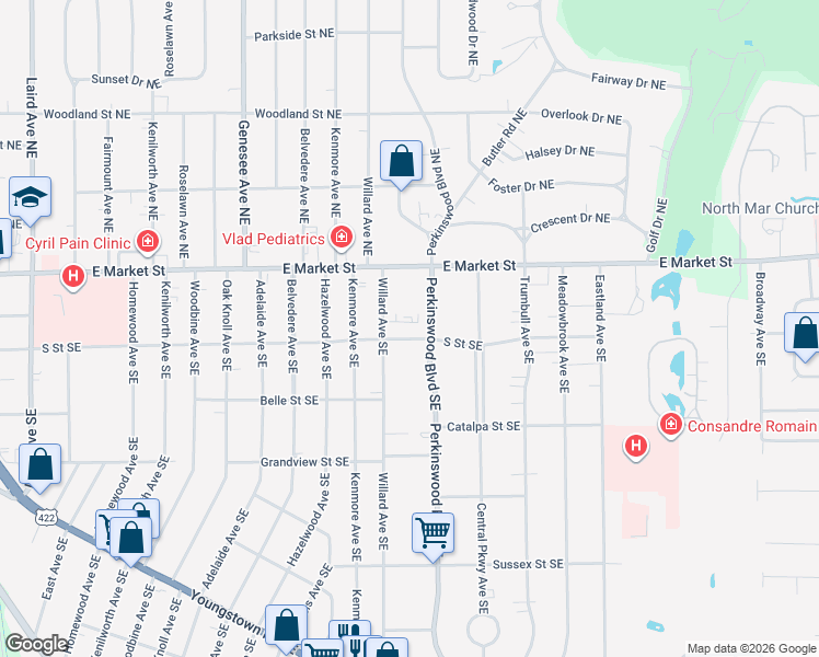 map of restaurants, bars, coffee shops, grocery stores, and more near 200 Perkinswood Boulevard Southeast in Warren