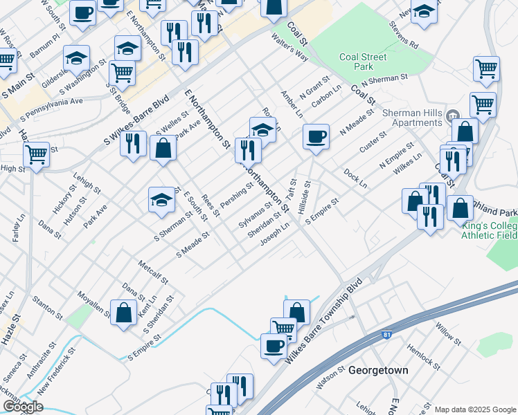 map of restaurants, bars, coffee shops, grocery stores, and more near in Wilkes-Barre
