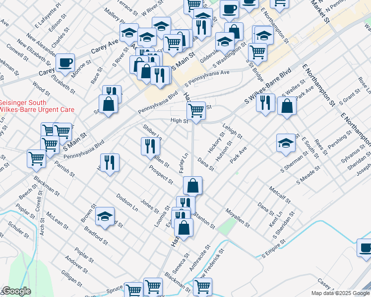 map of restaurants, bars, coffee shops, grocery stores, and more near 182 Dana Street in Wilkes-Barre