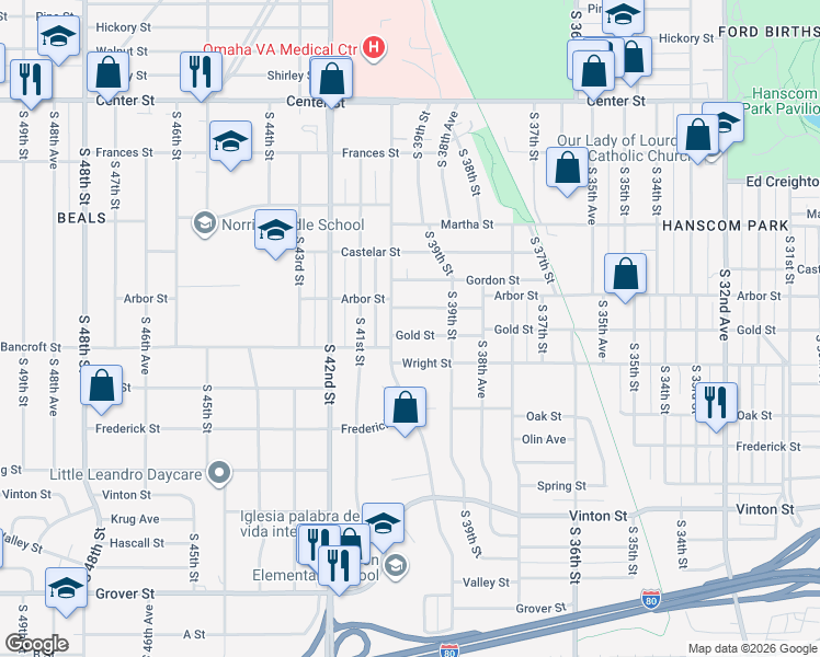 map of restaurants, bars, coffee shops, grocery stores, and more near 3943 Arbor Street in Omaha