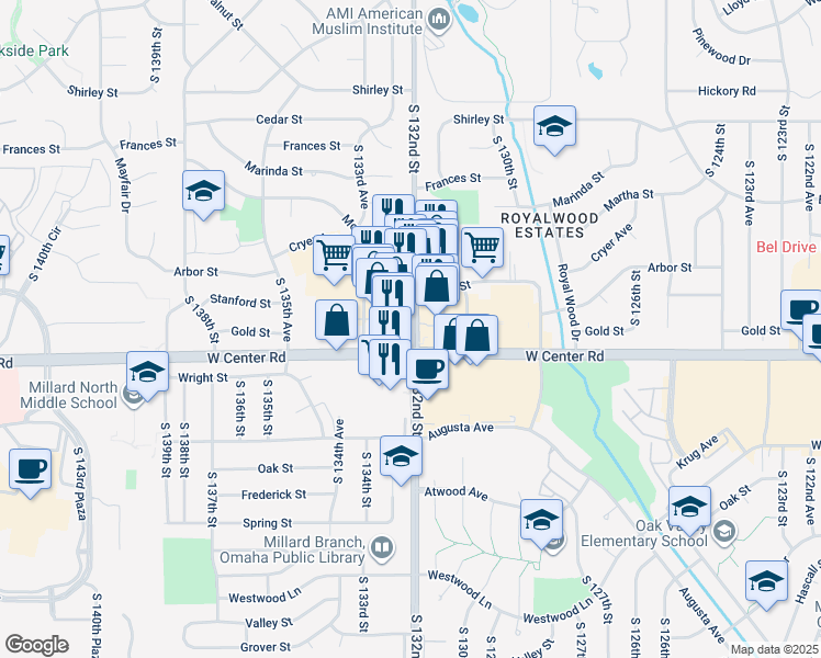 map of restaurants, bars, coffee shops, grocery stores, and more near 2566 South 132nd Street in Omaha