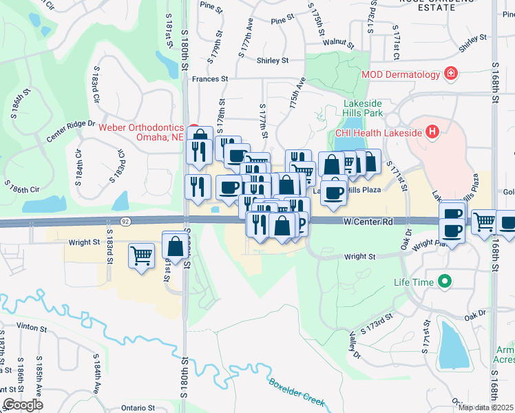 map of restaurants, bars, coffee shops, grocery stores, and more near 17718-17866 West Center Road in Omaha