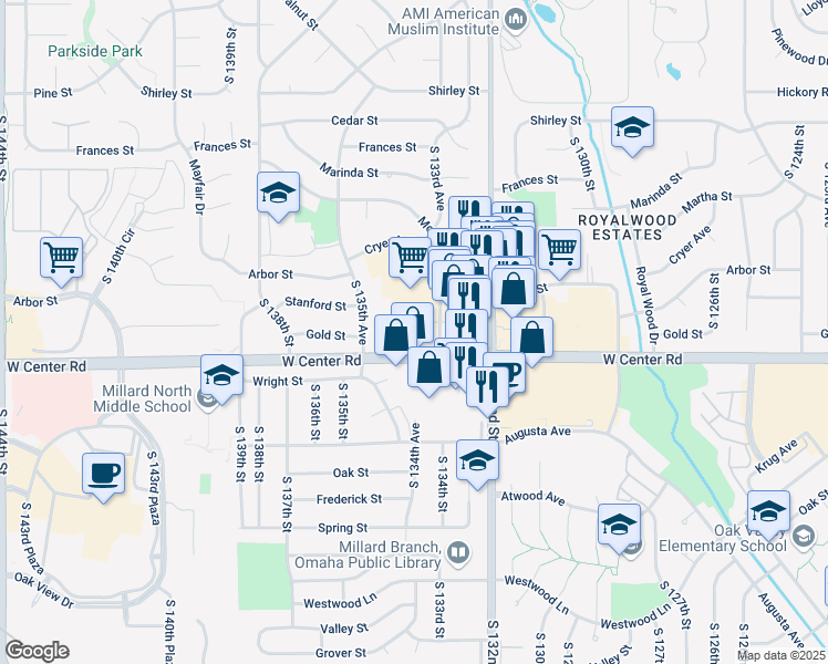map of restaurants, bars, coffee shops, grocery stores, and more near 13304 Woodridge Plaza in Omaha