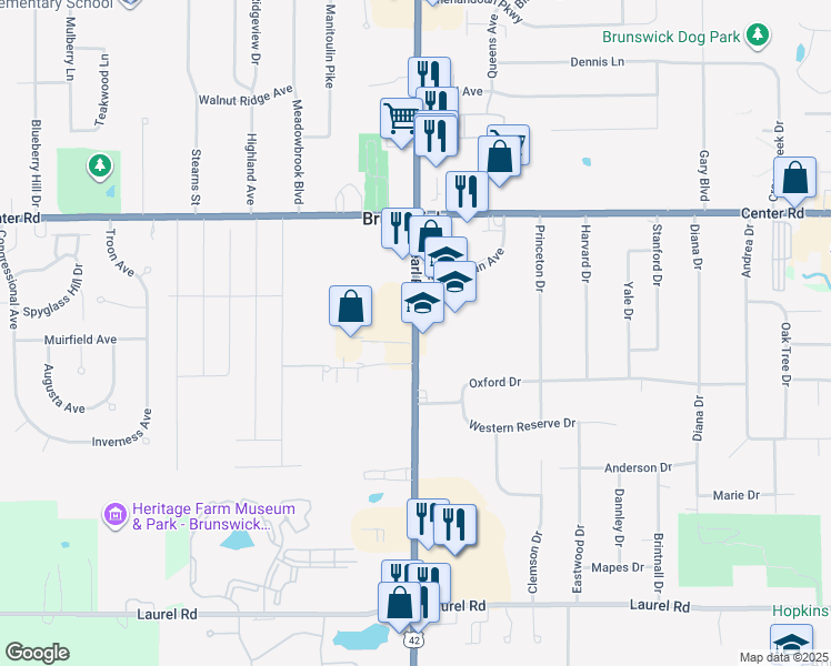map of restaurants, bars, coffee shops, grocery stores, and more near 1483 Pearl Road in Brunswick