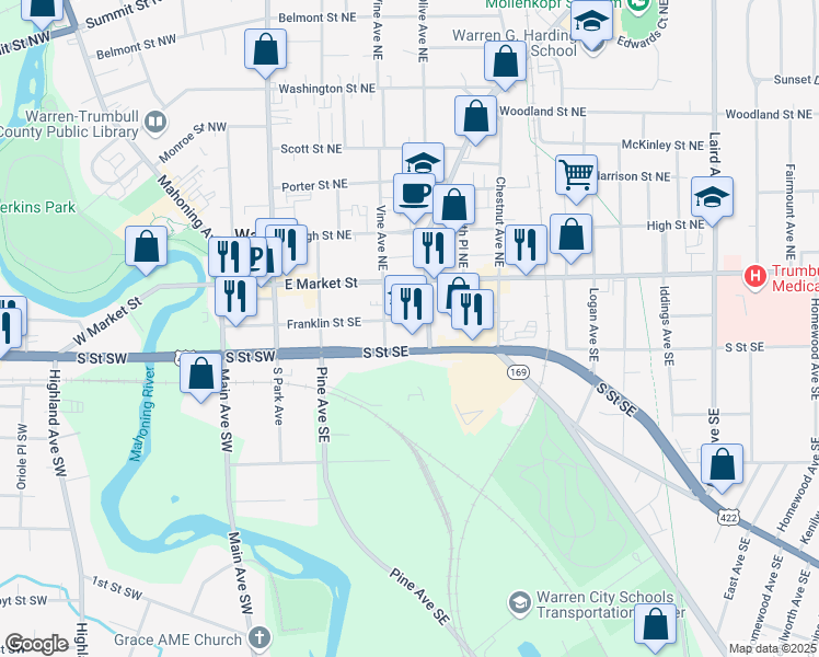 map of restaurants, bars, coffee shops, grocery stores, and more near 458 Franklin Street Southeast in Warren