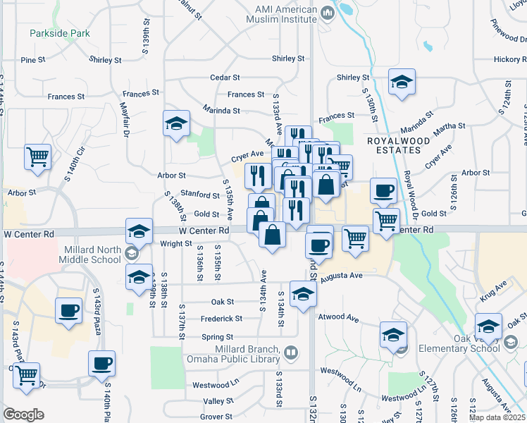 map of restaurants, bars, coffee shops, grocery stores, and more near 13304 Woodridge Plaza in Omaha