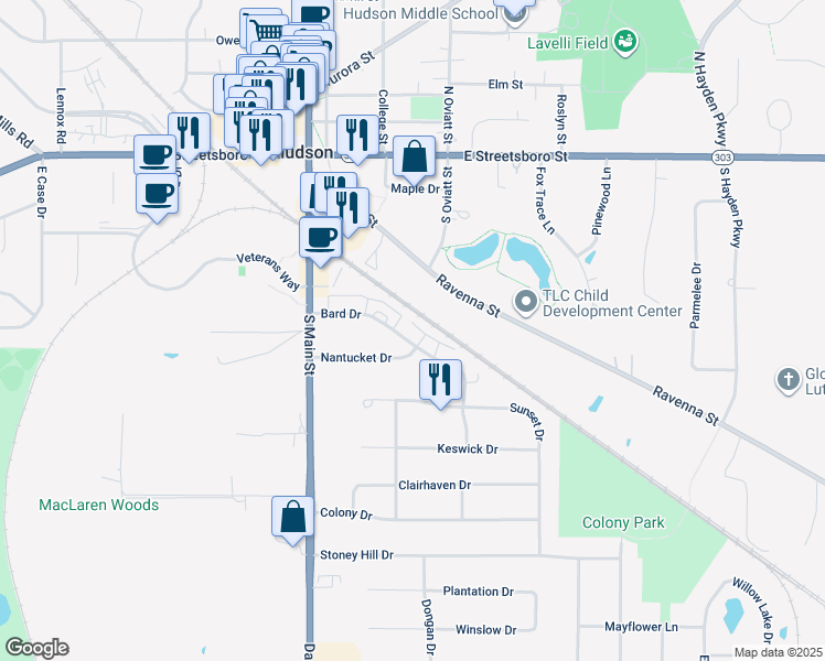 map of restaurants, bars, coffee shops, grocery stores, and more near 73 Bard Drive in Hudson