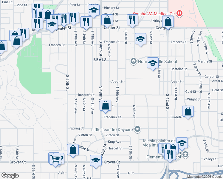 map of restaurants, bars, coffee shops, grocery stores, and more near 2526 South 46th Avenue in Omaha