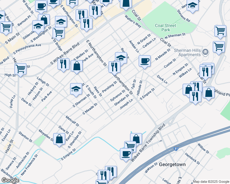 map of restaurants, bars, coffee shops, grocery stores, and more near 138 South Meade Street in Wilkes-Barre