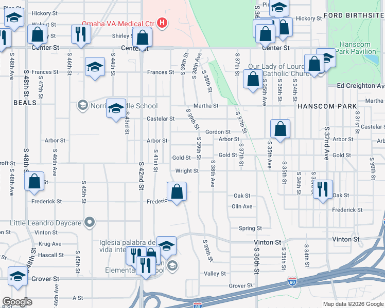 map of restaurants, bars, coffee shops, grocery stores, and more near 3910 Gold St in Omaha