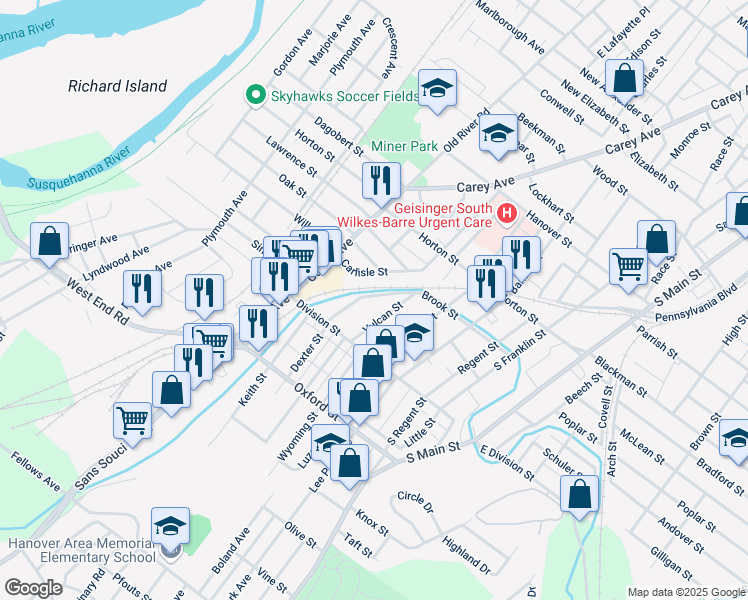 map of restaurants, bars, coffee shops, grocery stores, and more near 184 Brook Street in Wilkes-Barre Township