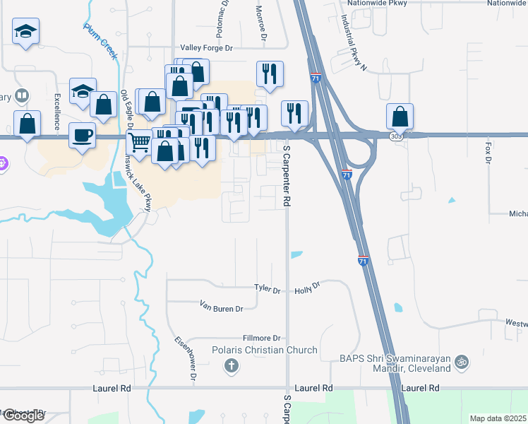 map of restaurants, bars, coffee shops, grocery stores, and more near 3230 Pinecrest Drive in Brunswick