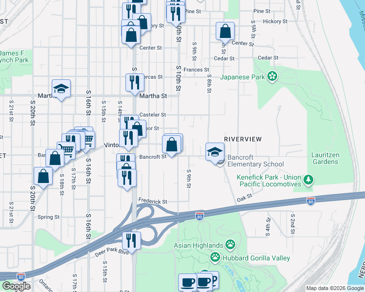 map of restaurants, bars, coffee shops, grocery stores, and more near 2525 South 10th Street in Omaha