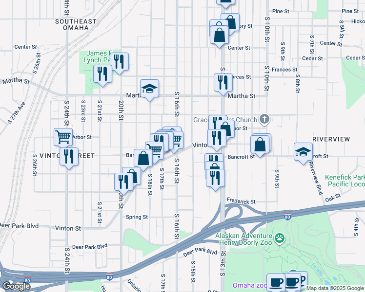 map of restaurants, bars, coffee shops, grocery stores, and more near 1518 Vinton Street in Omaha