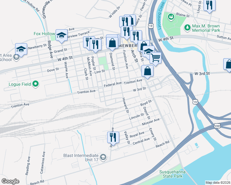map of restaurants, bars, coffee shops, grocery stores, and more near 2216 West 3rd Street in Williamsport