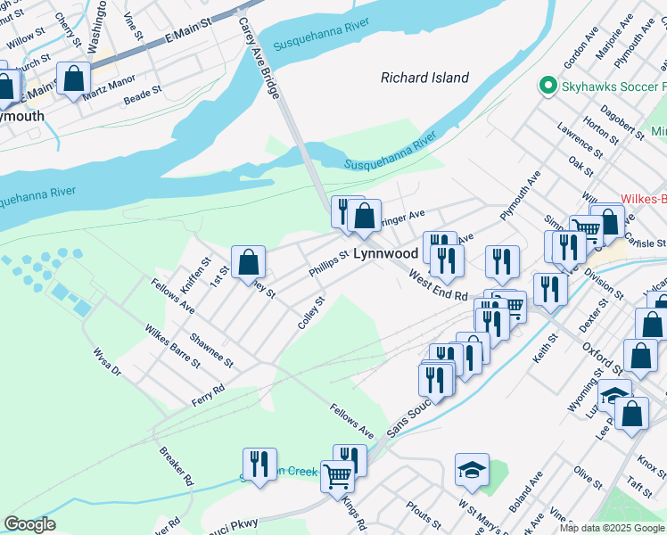 map of restaurants, bars, coffee shops, grocery stores, and more near 218 Phillips Street in Wilkes-Barre